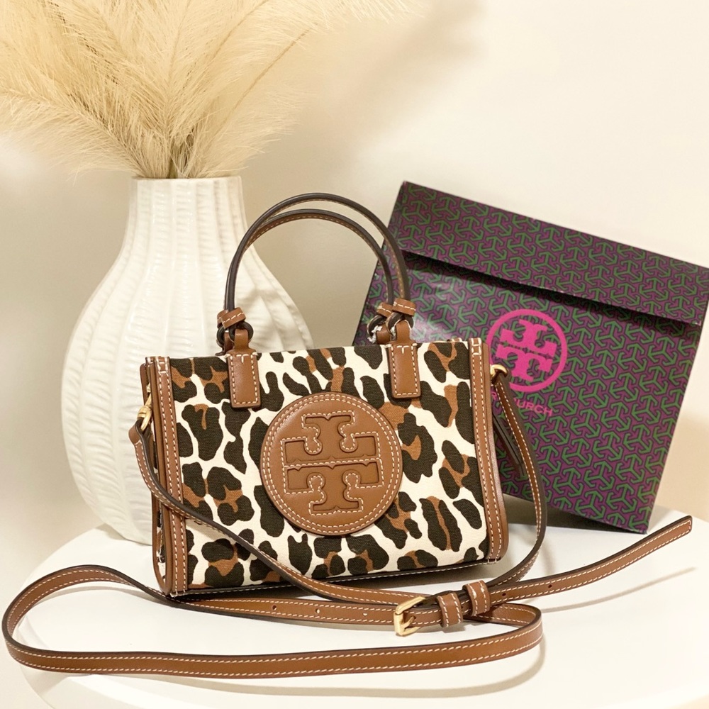 NWOT! Tory Burch Ella Leopard Logo Print Canvas Leather Reva Micro Mini Tote Bag